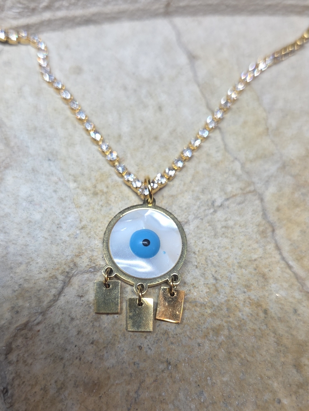 Gold-Tone Blue Evil Eye Pendant Crystal Necklace